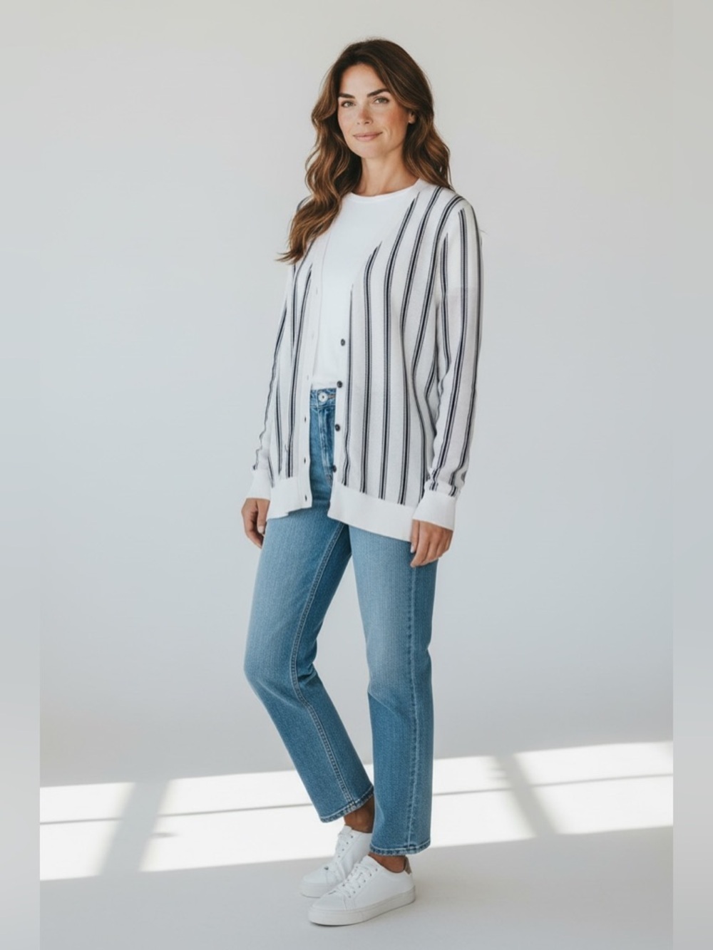 Judith & Charles Navy and White Striped Knit Cardigan Small